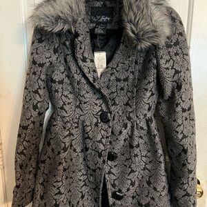 Living Doll Black and Gray Patterned Trench Coat with Faux Fur Collar